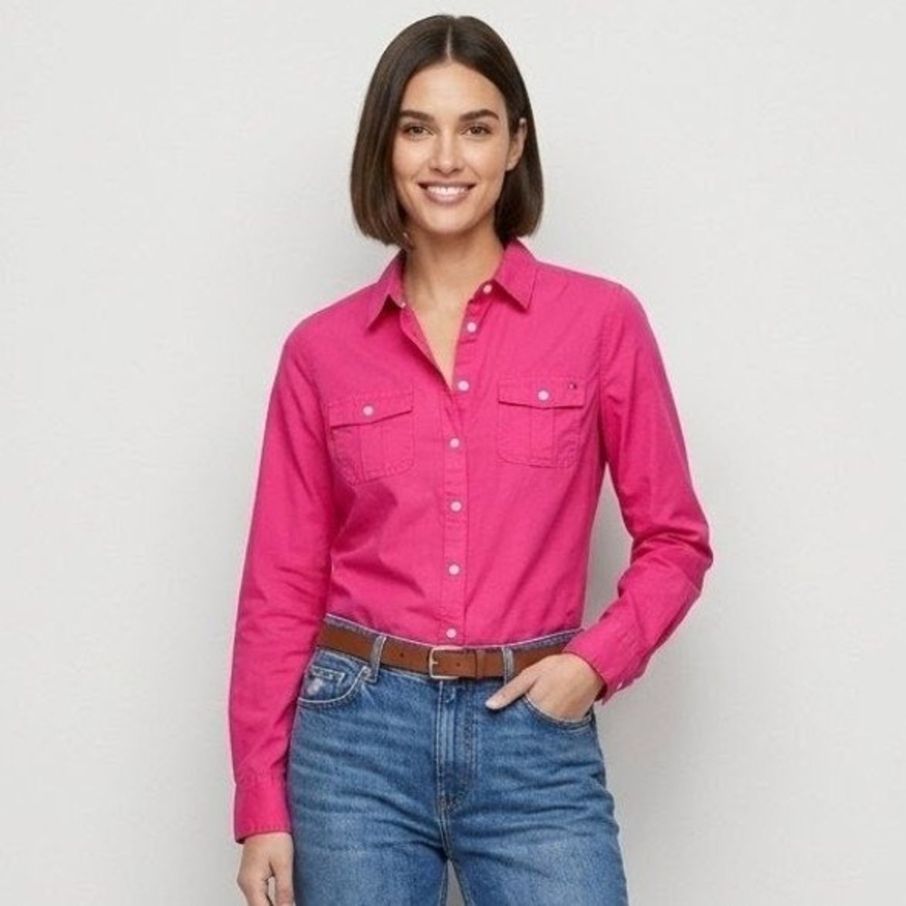 Tommy Hilfiger Button Up Shirt Womens Large Pink Cotton Long Sleeve Utility Work